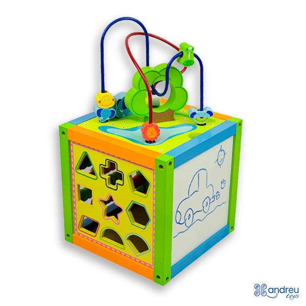 Cara de encaje de formas del dado de actividades Andreu Toys 16334 con piezas geometricas de colores