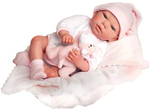 Muñeca reborn Arias 40 cm Gala con manta de punto rosa y peluche de osito incluidos, bebe de silicona realista
