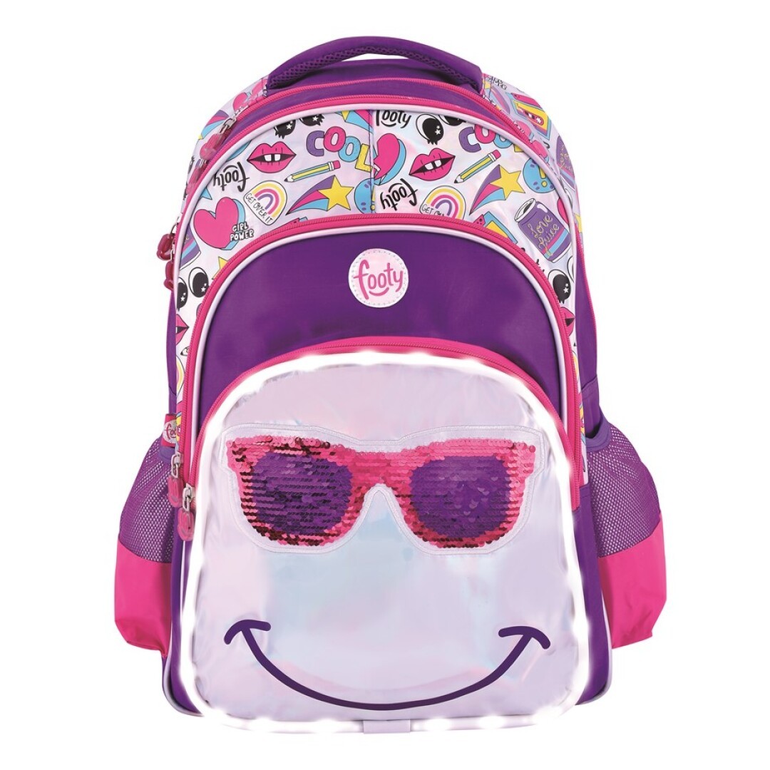 MOCHILA ANTEOJOS LUZ Y LENTEJUELAS ( ADAPTABLE A CARRO ) FOOTY