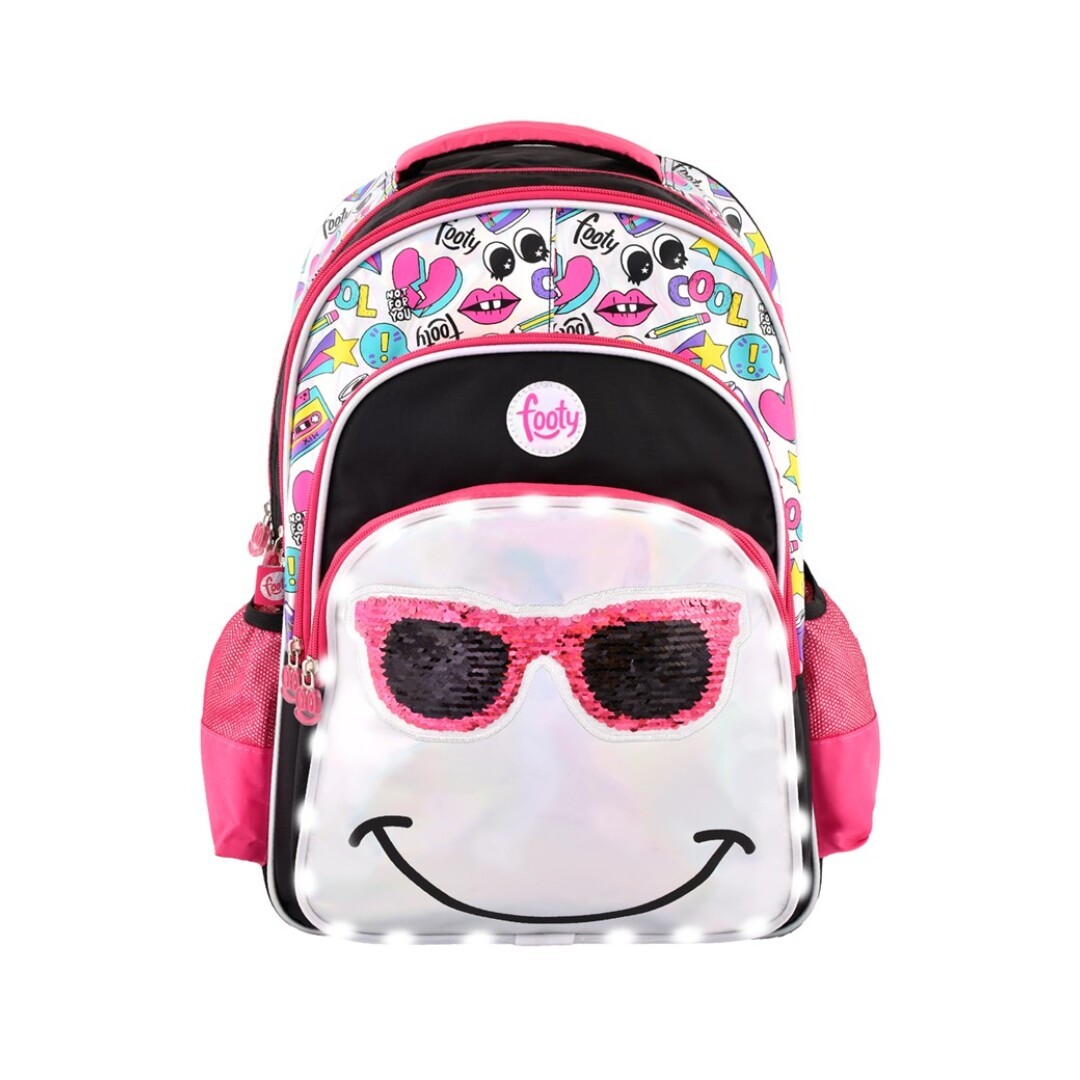 Mochila infantil rosa anteojos luz y lentejuelas ( Adaptable a carro) - Footy