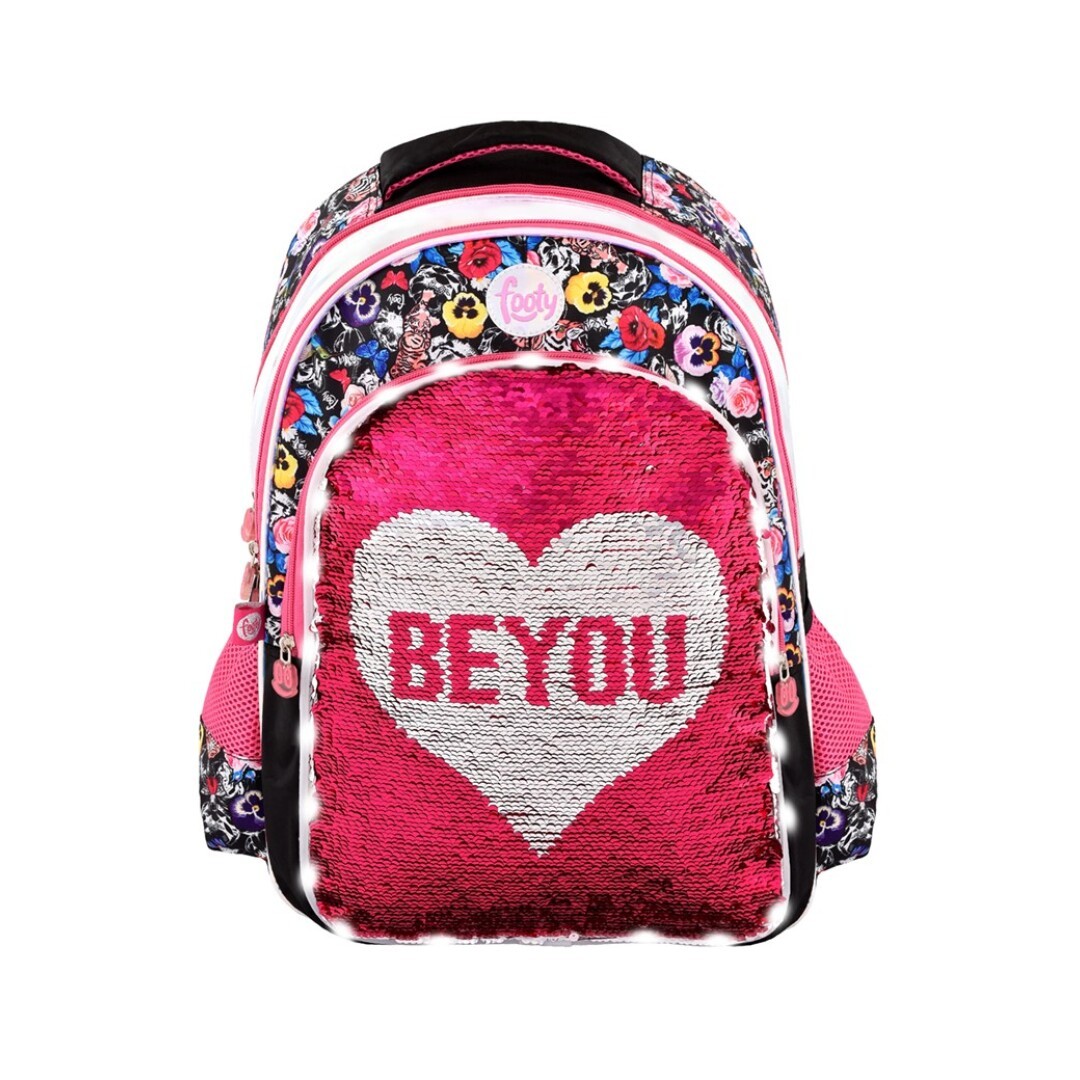 MOCHILA FOOTY BE YOU LUZ Y LENTEJUELAS ( ADAPTABLE A CARRO )