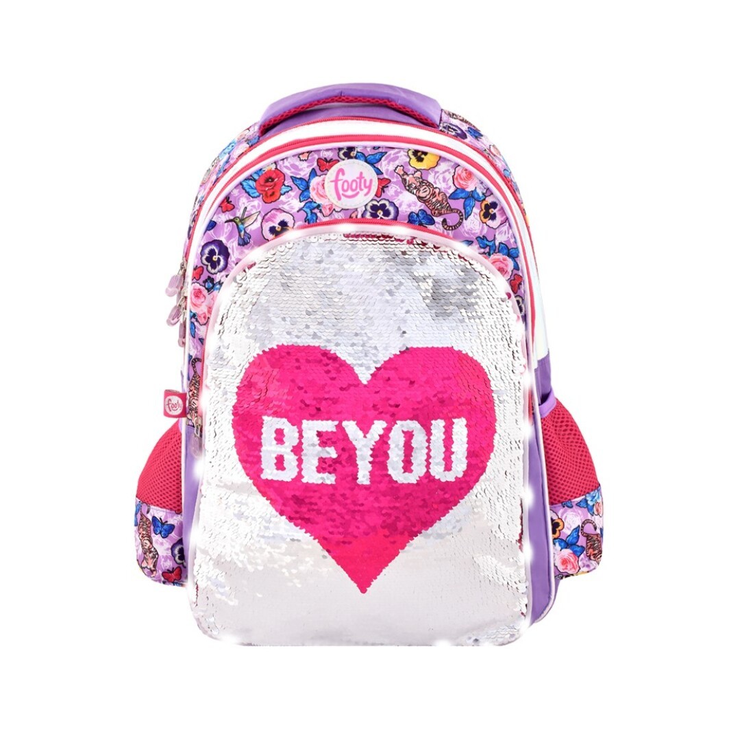 MOCHILA FOOTY BE YOU LUZ Y LENTEJUELAS ( ADAPTABLE A CARRO )