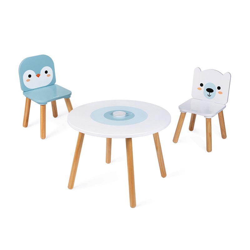Mesa infantil redonda con portalápices extraible |Silla de oso polar y pingüino - Janod J09650