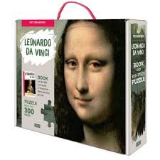 Caja del pack educativo Leonardo y La Mona Lisa puzzle 300 piezas más libro de Manolito Books