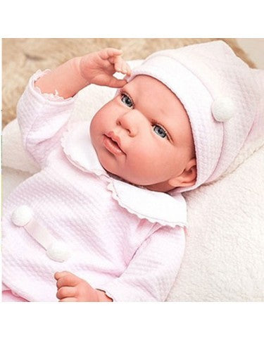 Muñeca reborn Arias 40 cm Raquel con manta de punto rosa y peluche incluidos, bebe de silicona con pelo castaño