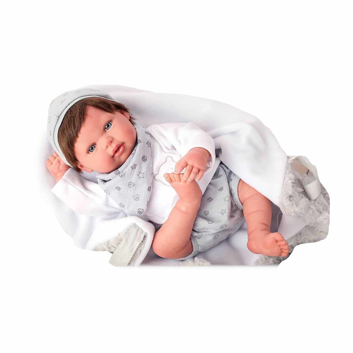 Muñeco Reborn Alejandro 45 cm Arias con pelo, manta y chupete decorativo
