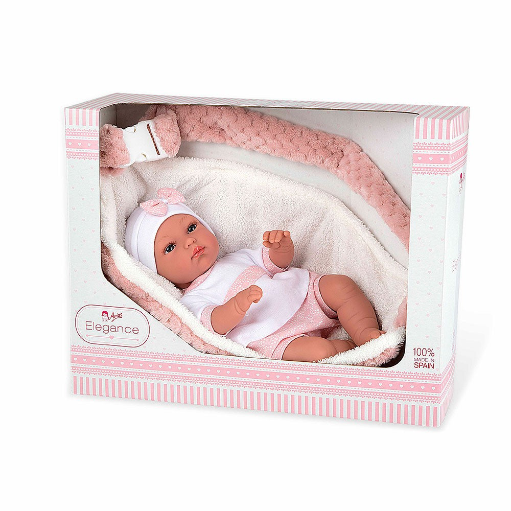 Muñeca Erea 33 cm Arias rosa con portabebé, gorrito y mecanismo de lloro