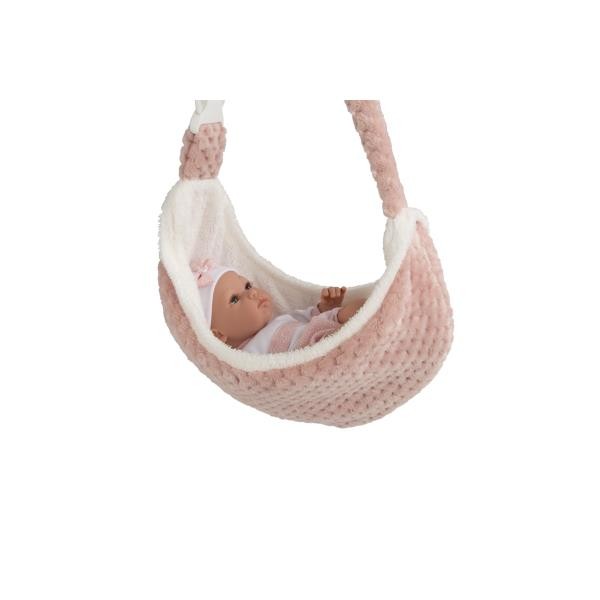 Muñeca Erea 33 cm Arias rosa con portabebé, gorrito y mecanismo de lloro