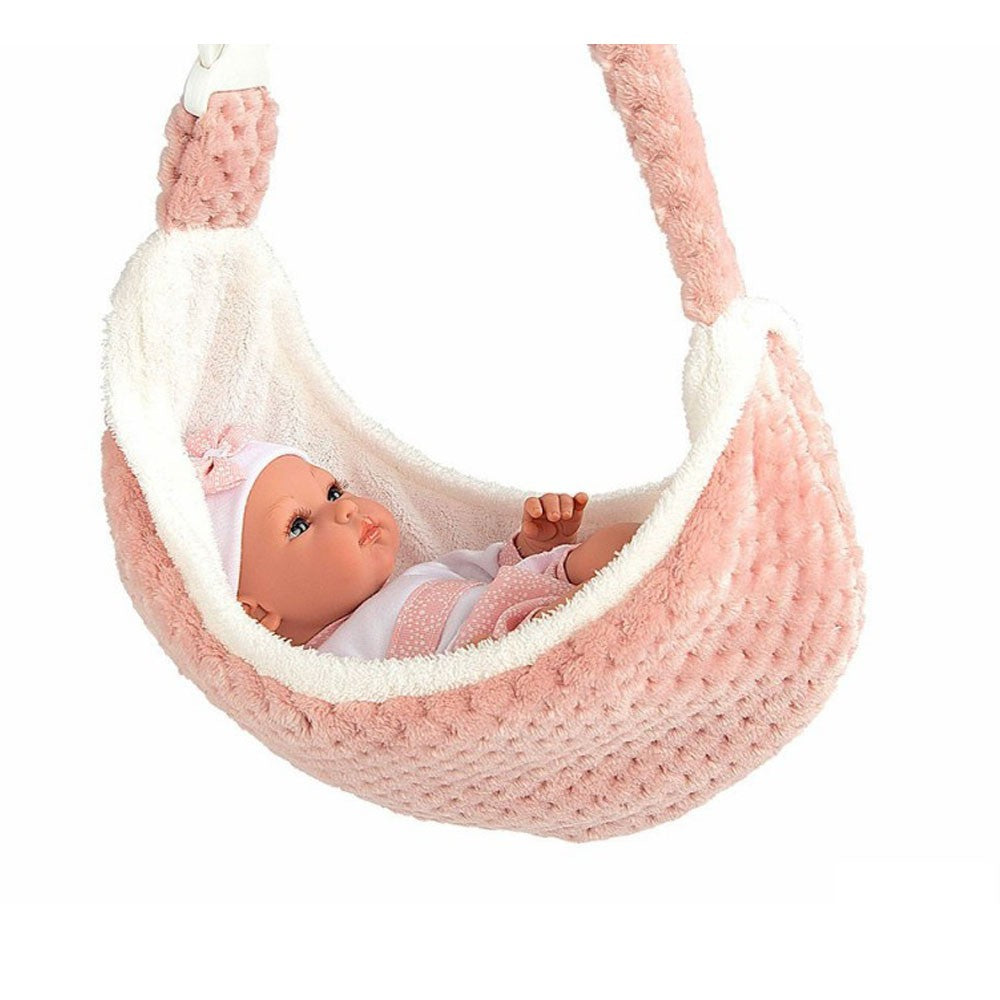 Muñeca Erea 33 cm Arias rosa con portabebé, gorrito y mecanismo de lloro