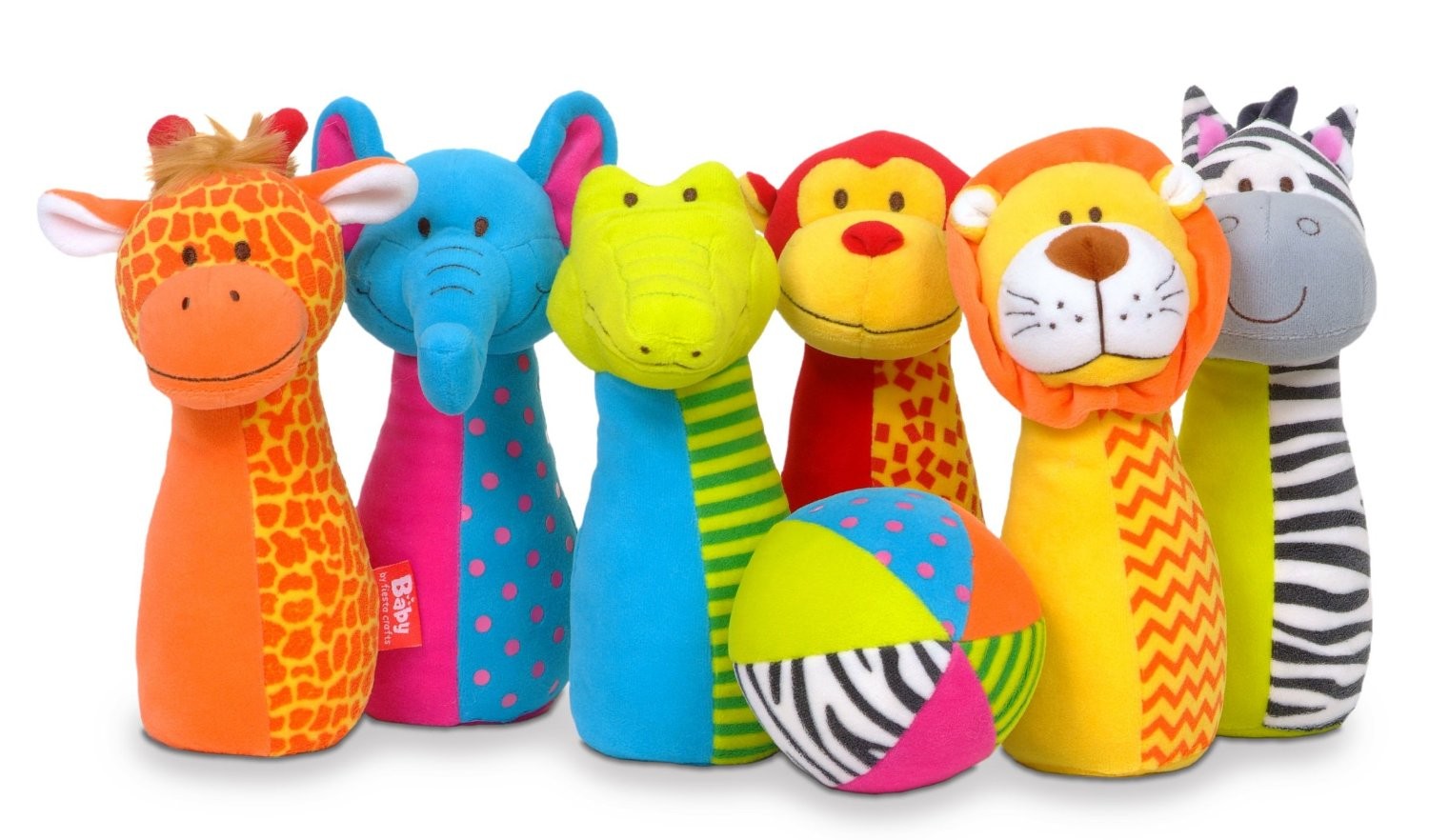 Los 5 bolos animales de la selva Fiesta Crafts en fila: jirafa, elefante, mono, leon y hipopotamo de goma blanda