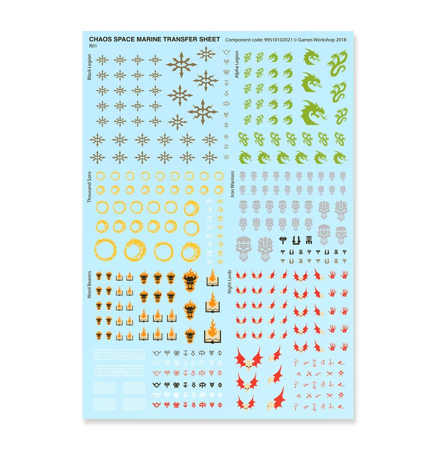 Hoja de calcomanías Amos de la Noche Warhammer 40K - 364 calcomanías Marines del Caos Games Workshop