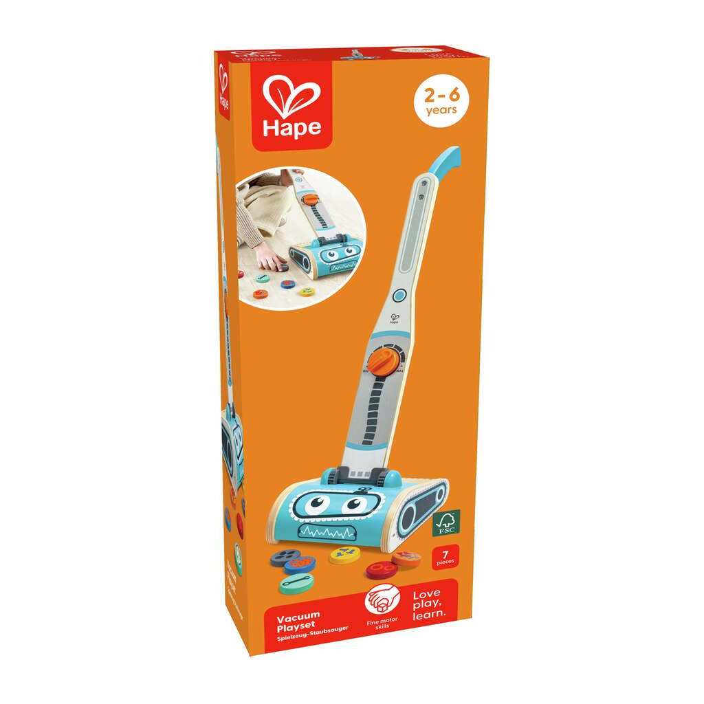 Aspiradora de juguete Hape Vacuum Playset E3056 recomendada para niños de 2 a 6 años 