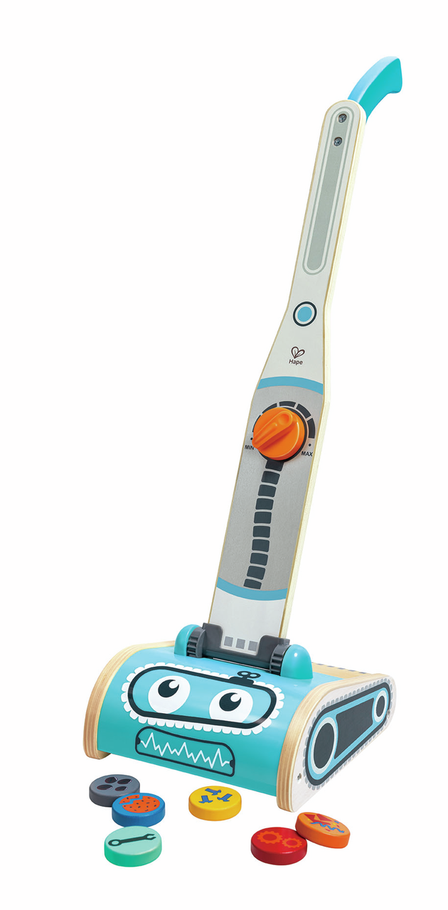 Aspiradora de juguete Hape Vacuum Playset E3056 vista completa con accesorios 