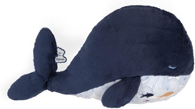 Peluche ballena térmica Kaloo con medidas: 32 cm de largo, 16 cm de alto y 8 cm de ancho