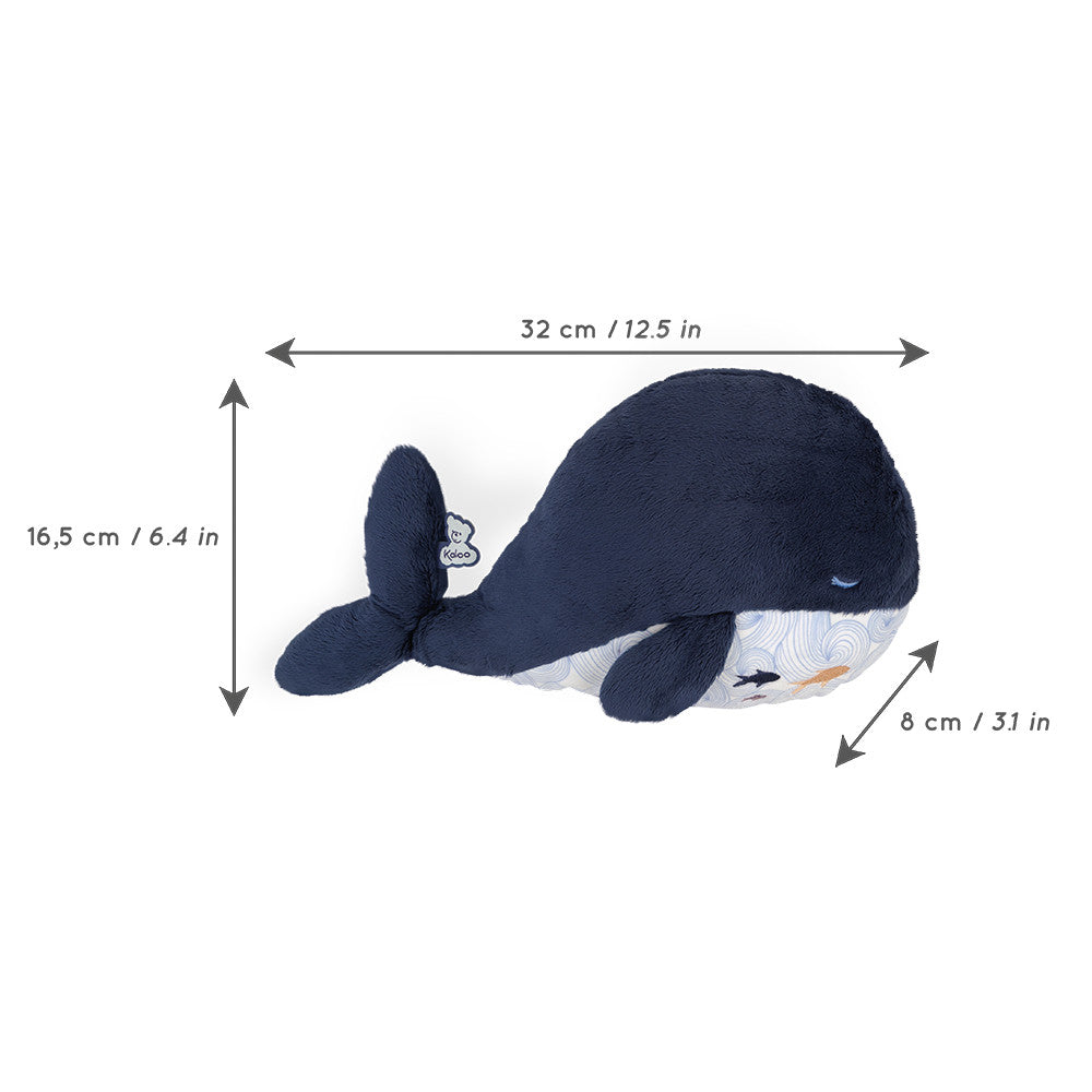 Peluche ballena térmica Kaloo con medidas: 32 cm de largo, 16 cm de alto y 8 cm de ancho
