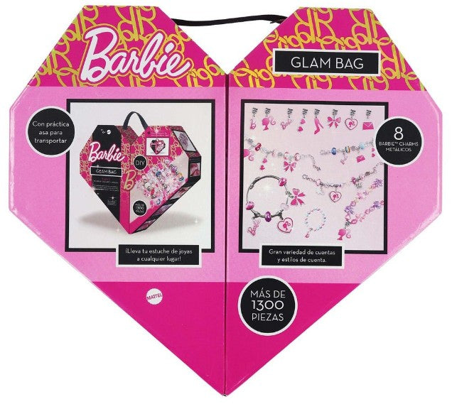 Estudio de Joyería Barbie abierto con bandejas de cuentas, colgantes y charms metálicos ordenados por color