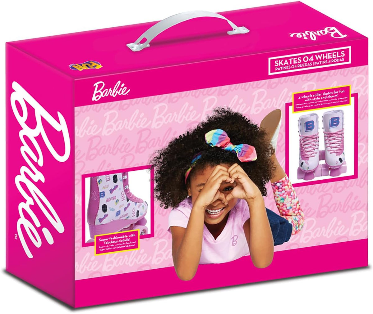 Embalaje rosa de los patines Barbie Enjoy Today talla 36-37, visto en perspectiva con el diseño del producto.