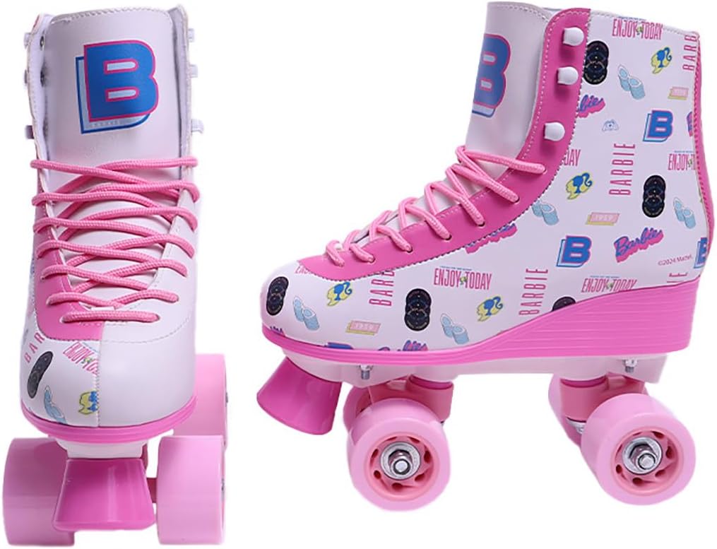 Patín Barbie de 4 ruedas Enjoy Today talla 36-37, con bota rosa y blanca, cordones rosas y ruedas visibles.