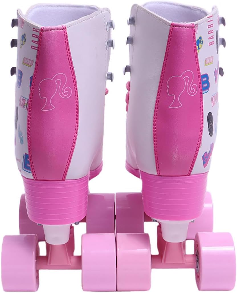 Par de patines Barbie de 4 ruedas Enjoy Today talla 36-37 vistos de lado, con ruedas rosas y diseño multicolor.