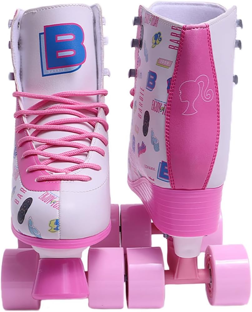 Parte trasera de los patines Barbie de 4 ruedas Enjoy Today talla 36-37, con botas rosas, cierres y ruedas visibles.