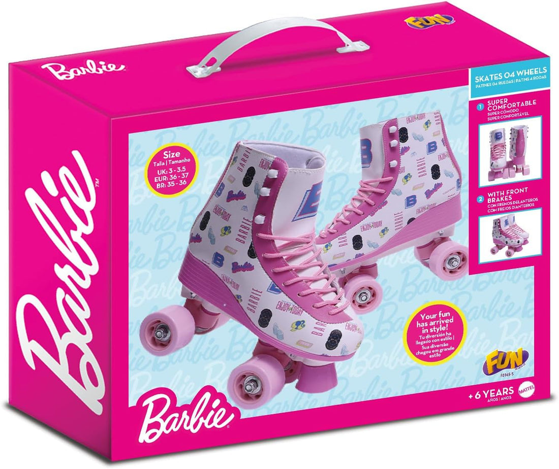 Caja rosa de los patines Barbie de 4 ruedas Enjoy Today talla 36-37, con el par de patines en el frontal.