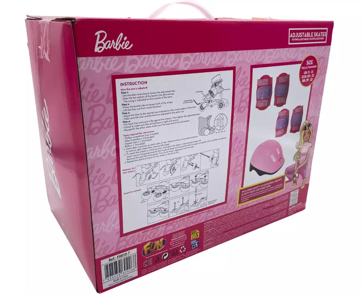 Parte posterior del embalaje de patines Barbie ajustables talla 30-33 con información del producto y accesorios
