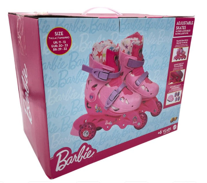 Caja de patines Barbie convertibles talla 30-33 con casco y protecciones, vista frontal del embalaje