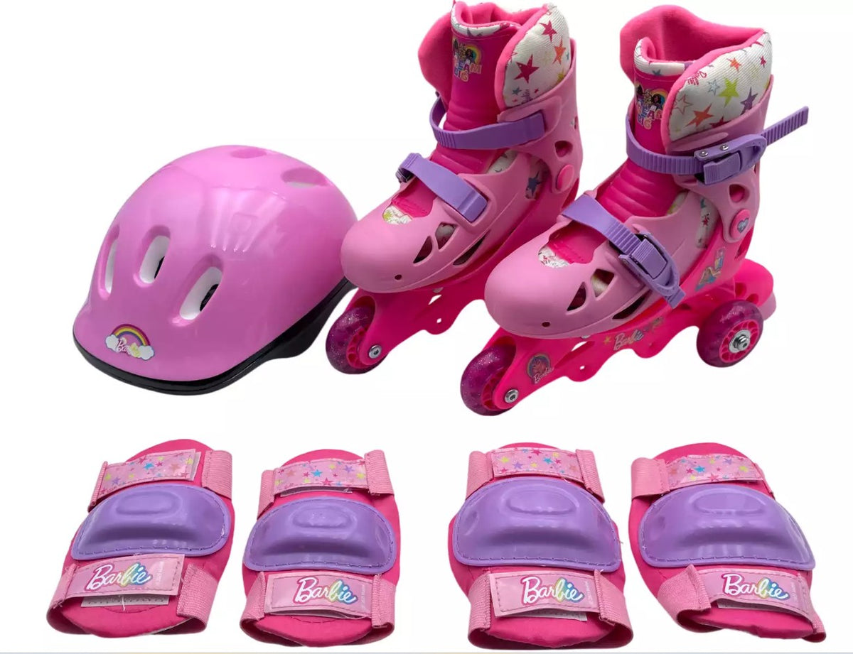 Patines Barbie convertibles y ajustables talla 30-33 con casco, coderas y rodilleras rosas sobre fondo blanco