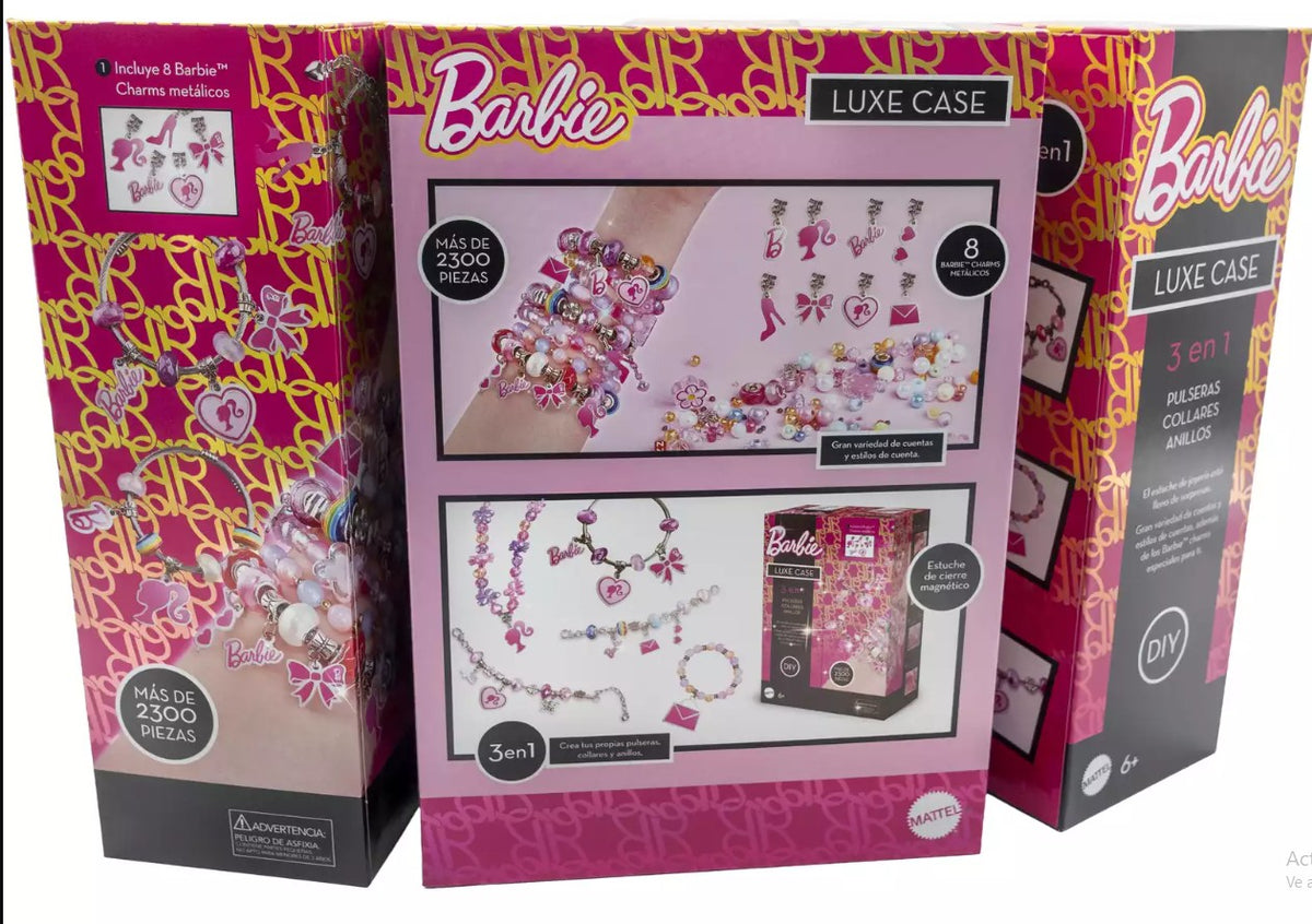 Joyero Barbie Luxe Case desplegado de perfil, compartimentos con anillos, abalorios y elásticos para crear joyas