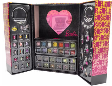 Joyero Barbie Luxe Case de Fun Divirta-se abierto con espejo corazón, bandejas de cuentas y charms metálicos