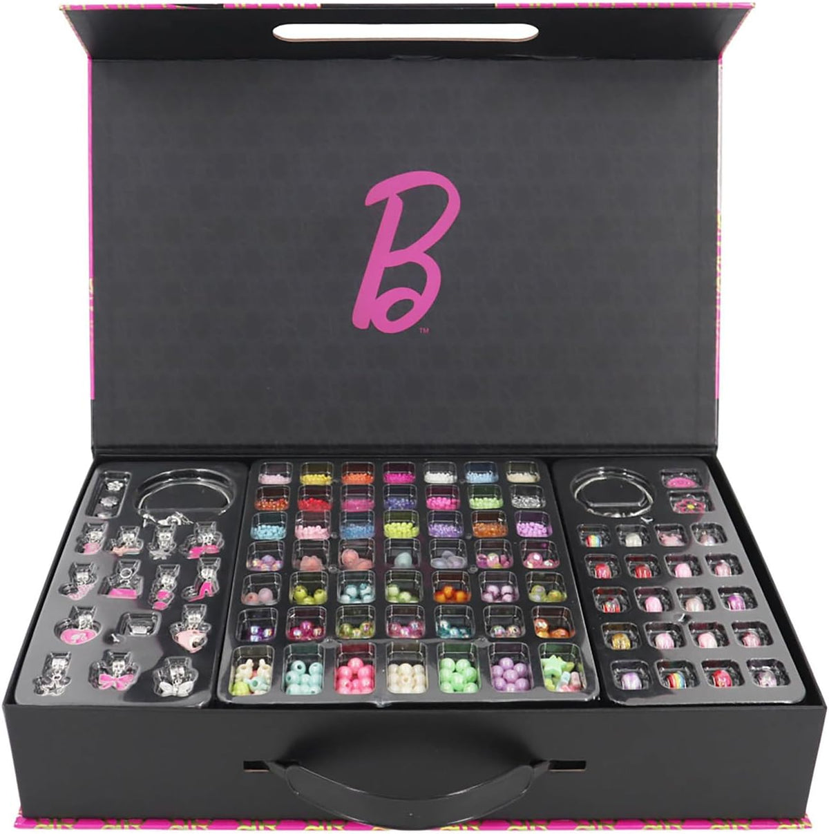 Estuche de Joyas Barbie Jewel Dream Case de Fun Divirta-se abierto, maletín negro con la B rosa y bandejas de cuentas