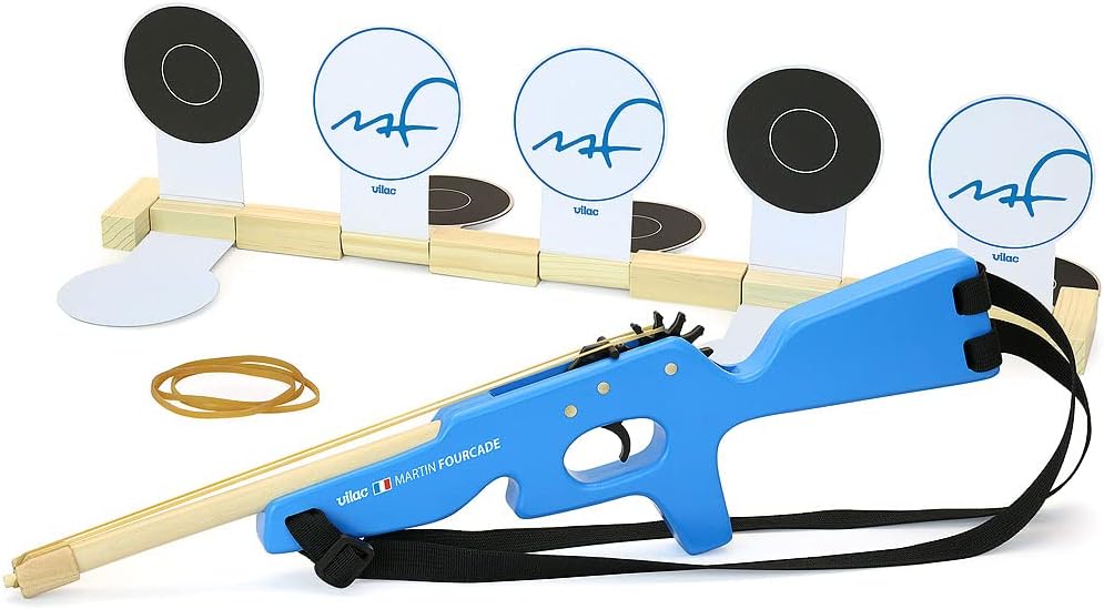 Set de cinco dianas de madera azul para entrenamiento de biatlón infantil sistema abatible