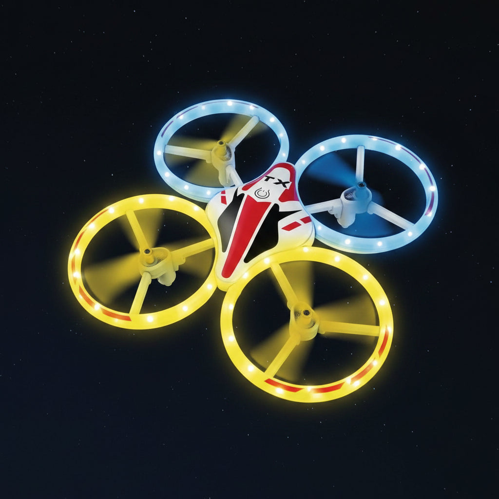 Drone Neon Xtrem Raiders XT280382 con estabilizador de altitud y luces LED azules en vuelo nocturno