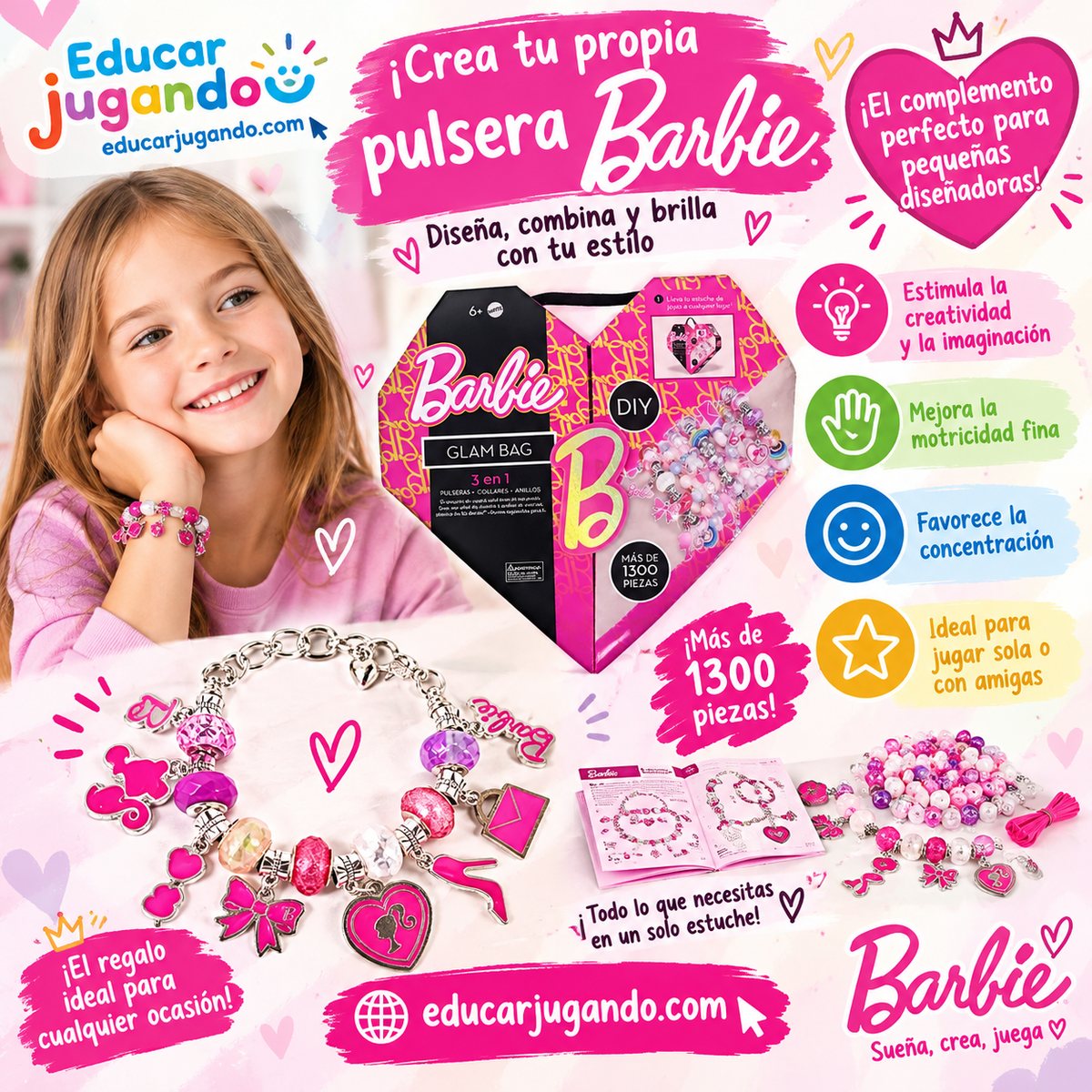 Juego de pulseras Barbie DIY con más de 1300 piezas para crear pulseras, collares y anillos, juguete creativo para niñas