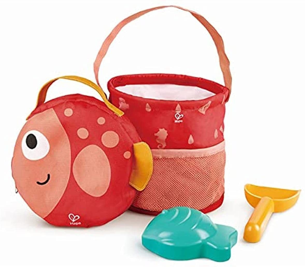 Cubo de playa plegable Hape - vista general con bolsa marina
