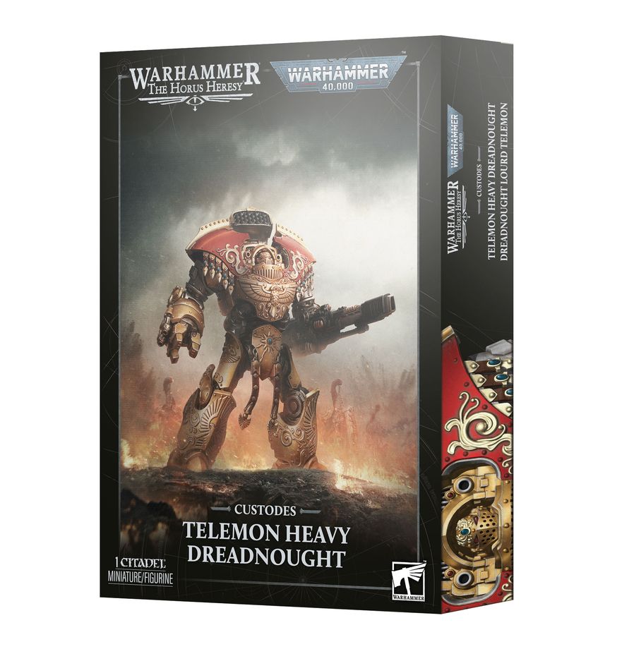 Caja del Dreadnought Pesado Telemon de Warhammer para Custodes, con ilustración de la miniatura y logos de ambos sistemas.