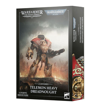 Caja del Dreadnought Pesado Telemon de Warhammer para Custodes, con ilustración de la miniatura y logos de ambos sistemas.