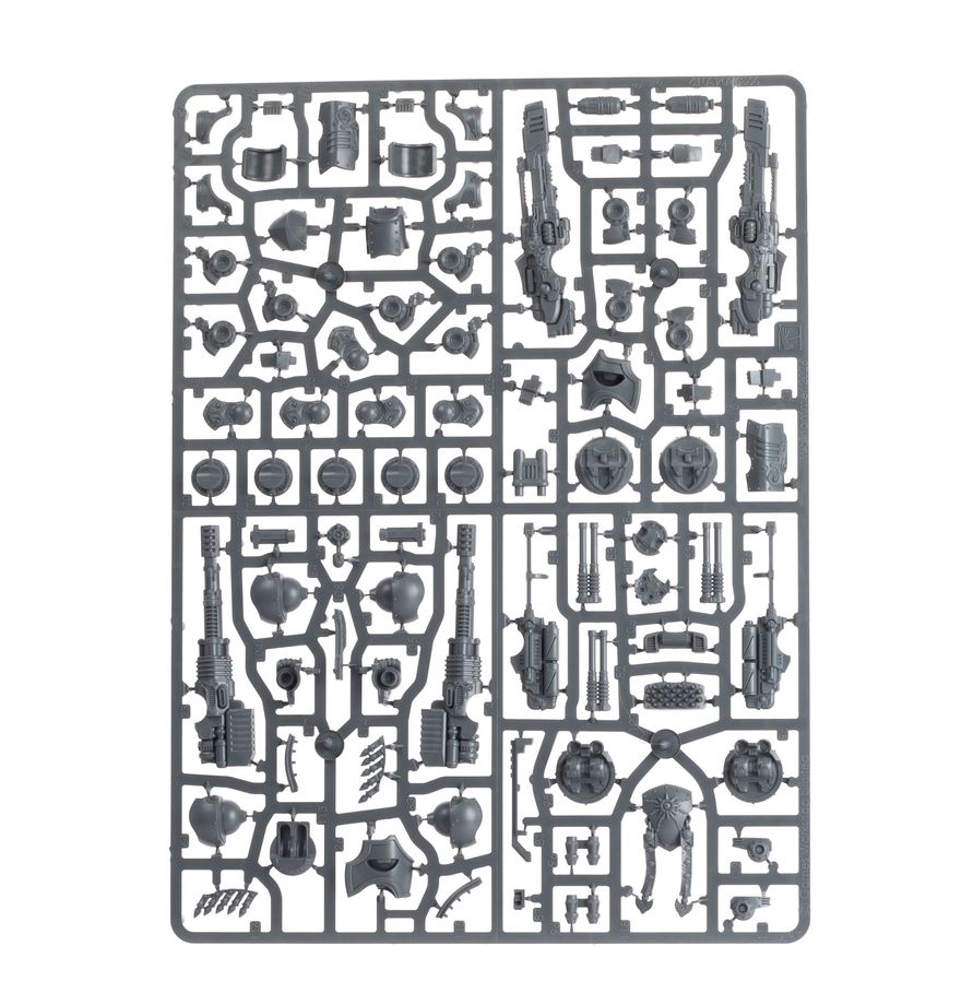 Matriz de armamento
Matriz de plástico gris del Dreadnought Pesado Telemon de Warhammer, con armas, manos y componentes para personalizar el montaje.