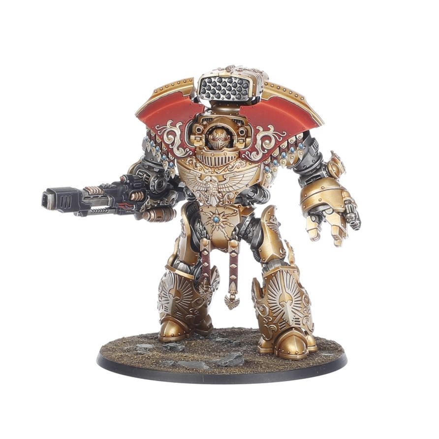 Dreadnought Pesado Telemon de Warhammer en vista frontal, con blindaje dorado, hombreras rojas y lanzaproyectiles superior.
