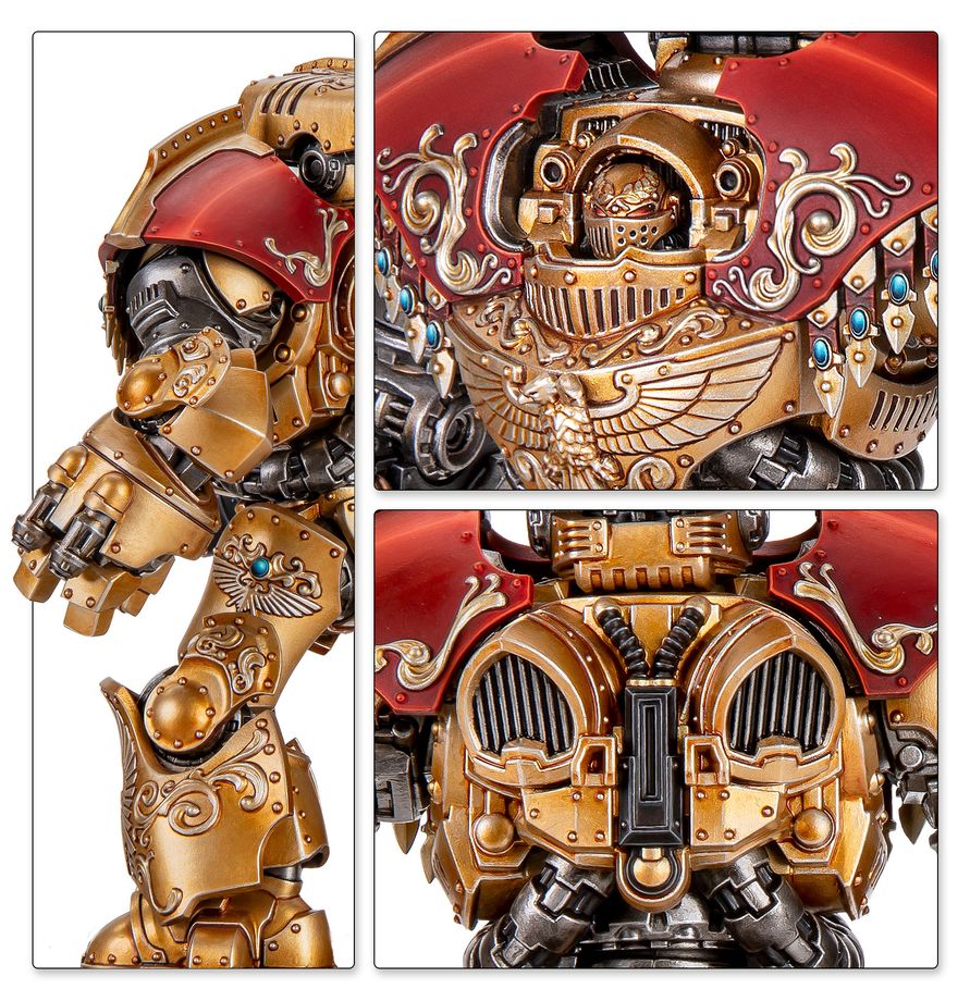 Torso, brazo y espalda
Detalles del Dreadnought Pesado Telemon de Warhammer: casco, águila del pecho, brazo con caestus y mecanismos de la espalda.