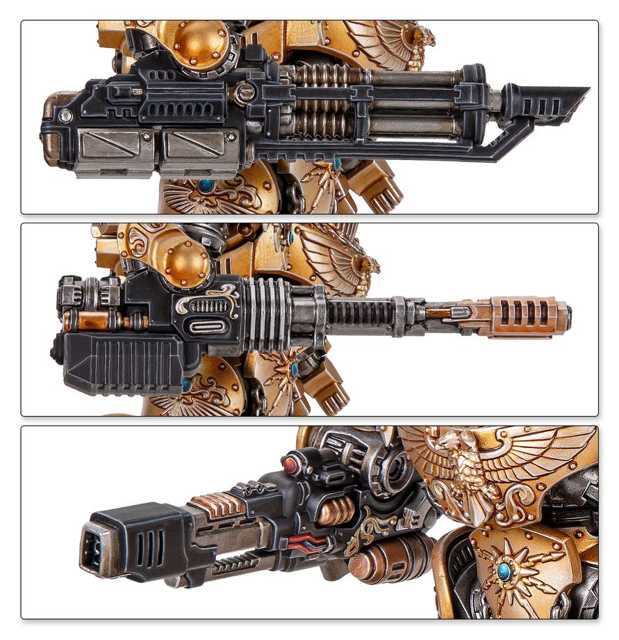 Opciones de armamento
Tres opciones de armas de disparo del Dreadnought Pesado Telemon de Warhammer, con detalles de cañones y mecanismos.