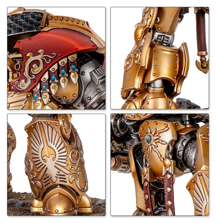 Detalles del blindaje
Blindaje del Dreadnought Pesado Telemon de Warhammer: hombrera roja, grebas doradas, gemas azules y ornamentos Custodes.