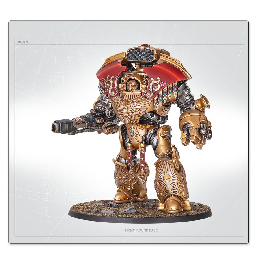 Tamaño de la miniatura
Dreadnought Pesado Telemon de Warhammer con indicación de 107 mm de altura y peana redonda de 100 mm.