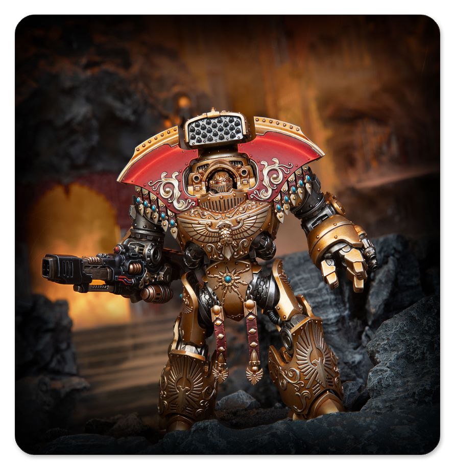 Miniatura en escenografía
Dreadnought Pesado Telemon de Warhammer pintado en dorado y rojo, entre ruinas con iluminación anaranjada de fondo.