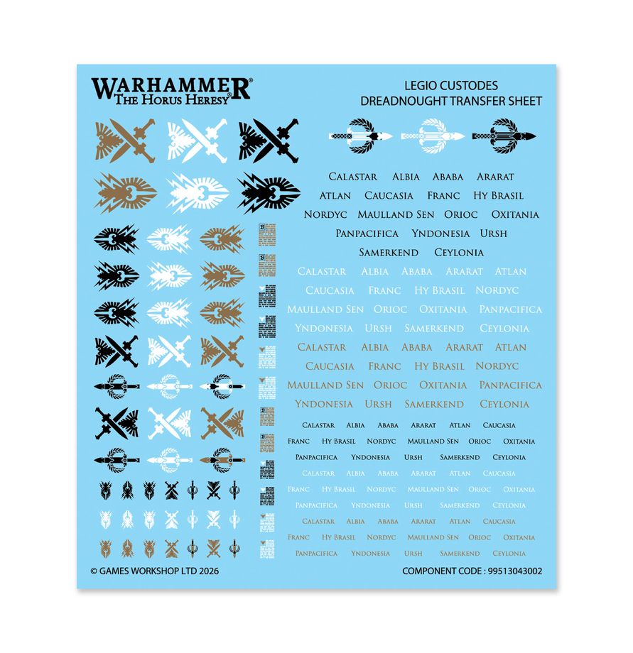 Hoja de calcomanías
Hoja de calcomanías del Dreadnought Pesado Telemon de Warhammer, con emblemas de la Legio Custodes y nombres de batallas.