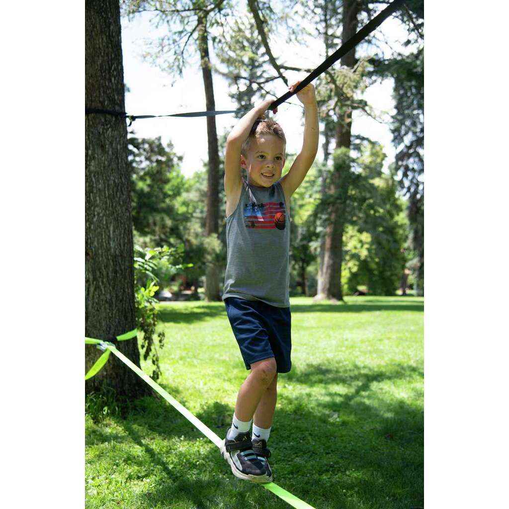 Kit slackline completo Toynamics 15 metros con ratchet, línea guía y bolsa de almacenamiento