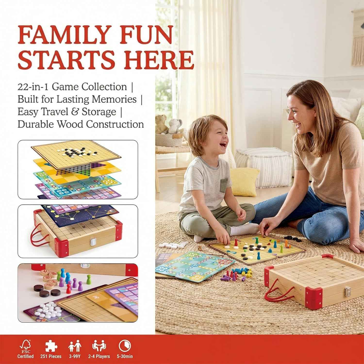 Juegos Clásicos de Mesa para Familia y Viaje – 22 en 1 con Ajedrez, Ludo y Tres en Raya | Hape