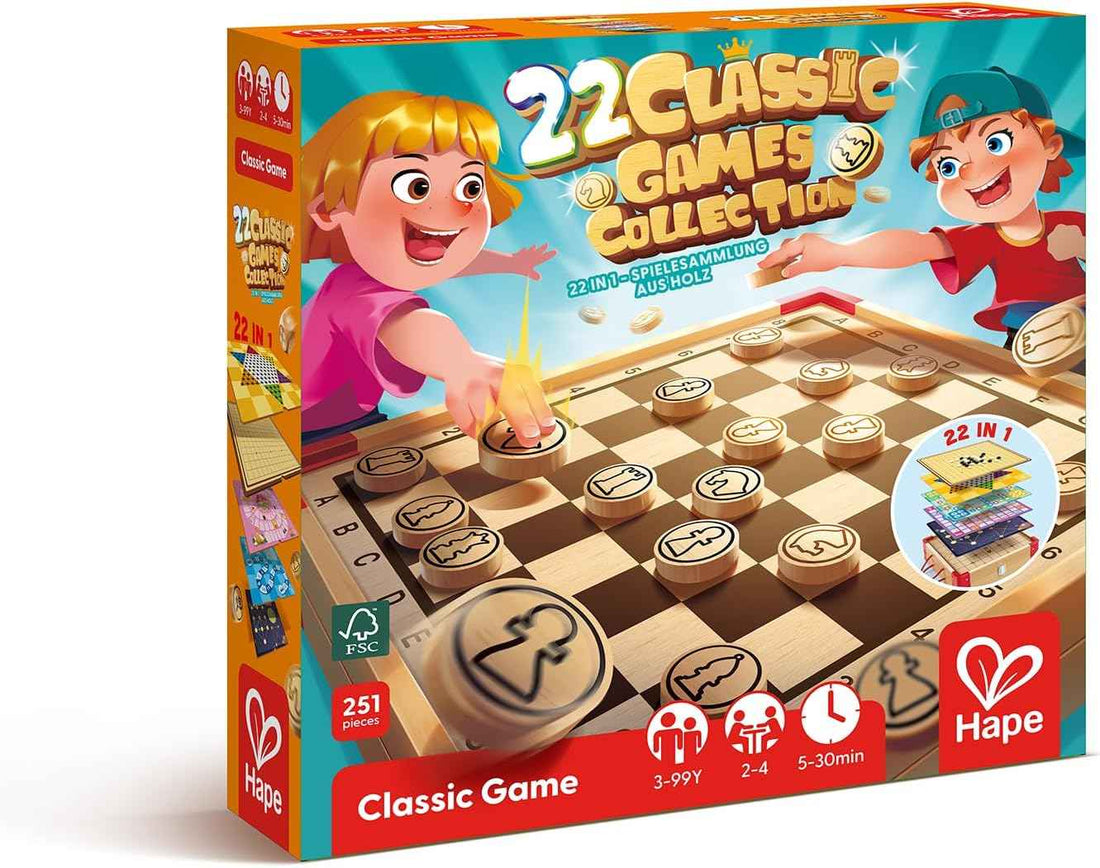 Juegos Clásicos de Mesa para Familia y Viaje – 22 en 1 con Ajedrez, Ludo y Tres en Raya | Hape