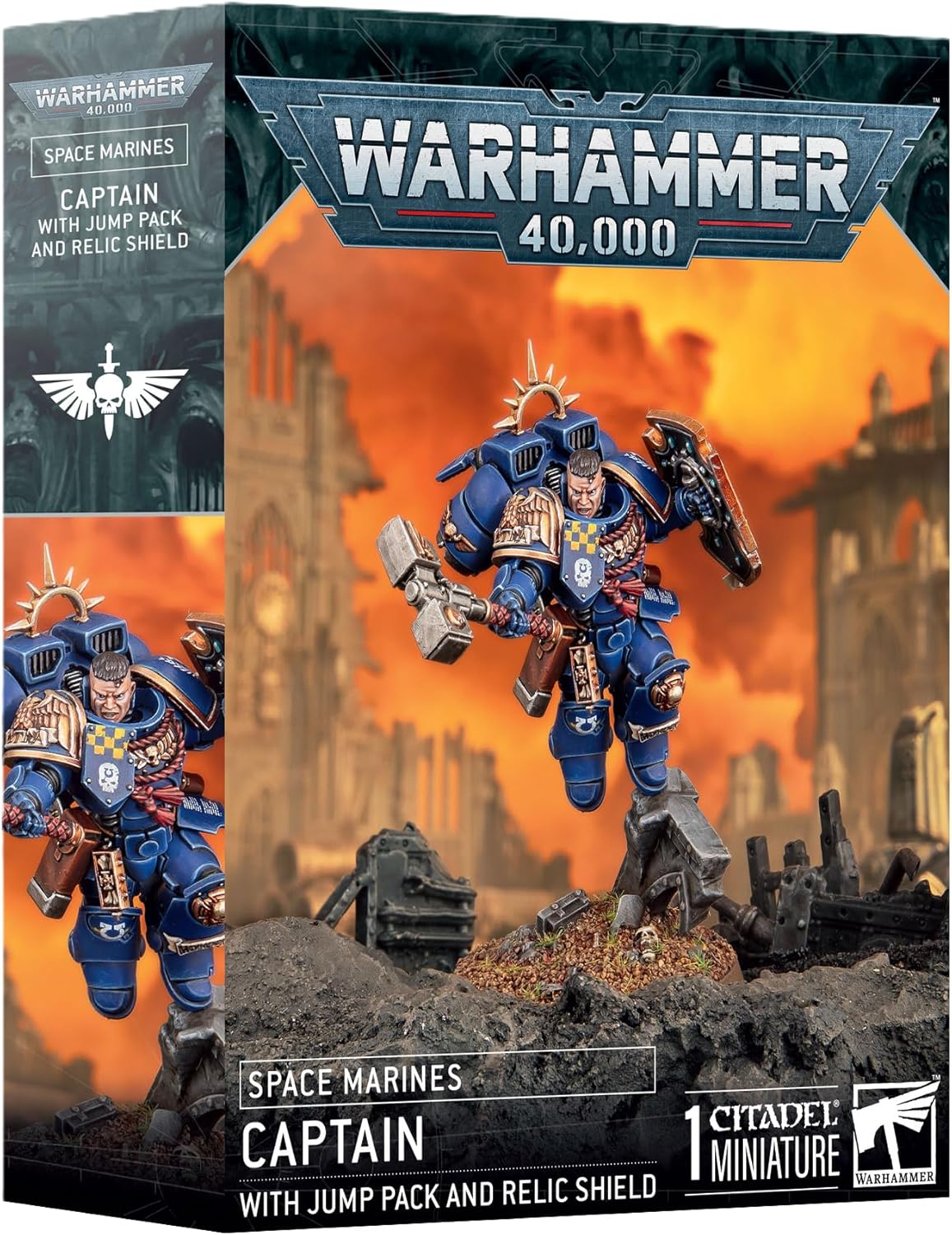 Miniatura Capitán Space Marines Warhammer 40K con Jump Pack y Relic Shield en combate Ref 48-102