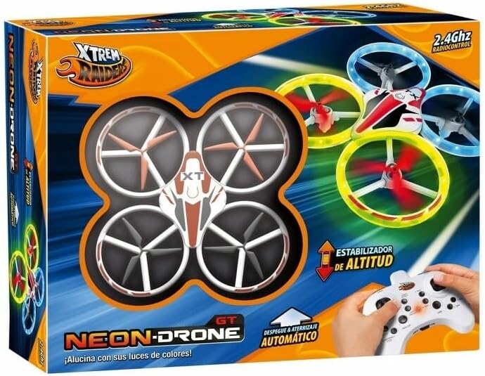 Drone Neon Xtrem Raiders XT280382 con estabilizador de altitud y luces LED azules en vuelo nocturno